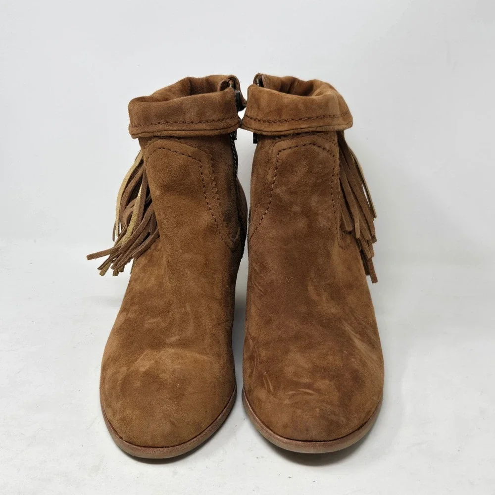 Sam Edelman Louie Cognac‎ Brown Suede Fringe Ankle Boots Gold Metallic Accents 9